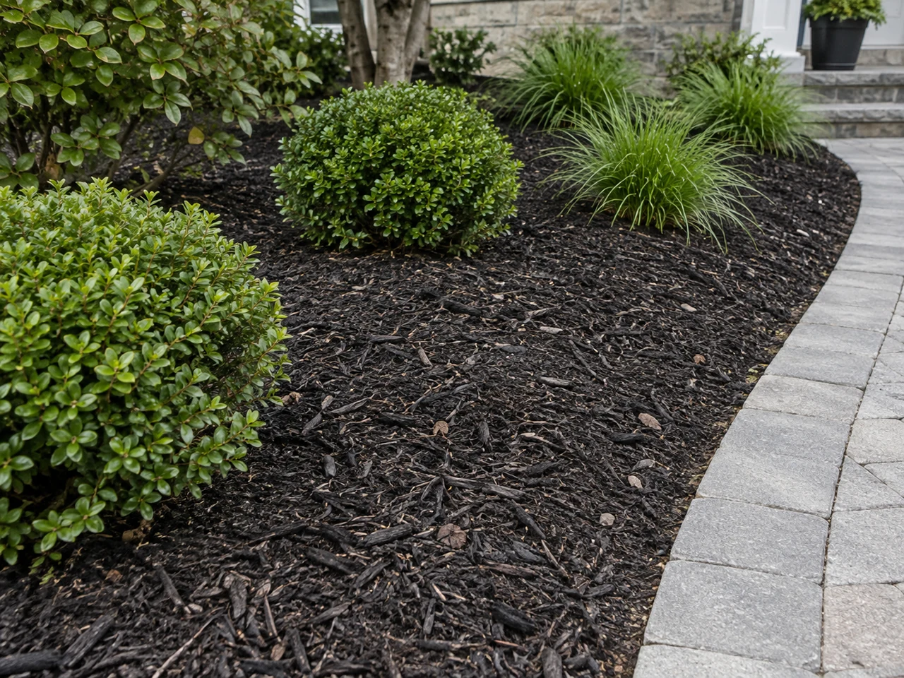Textured black wood mulch around shrubs beside a curved paver walkway