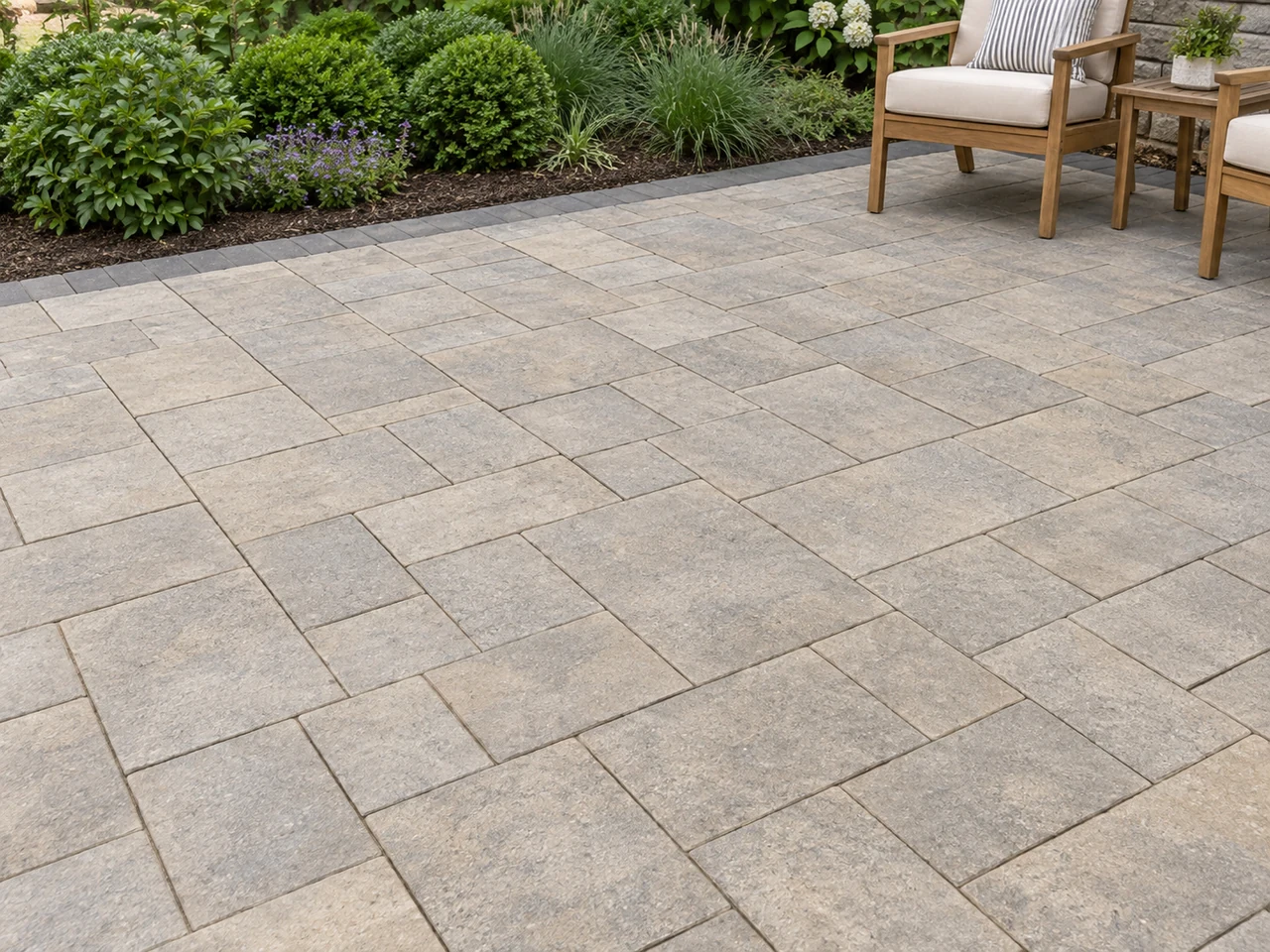 Gray and tan concrete paver patio beside a planted border and teak seating