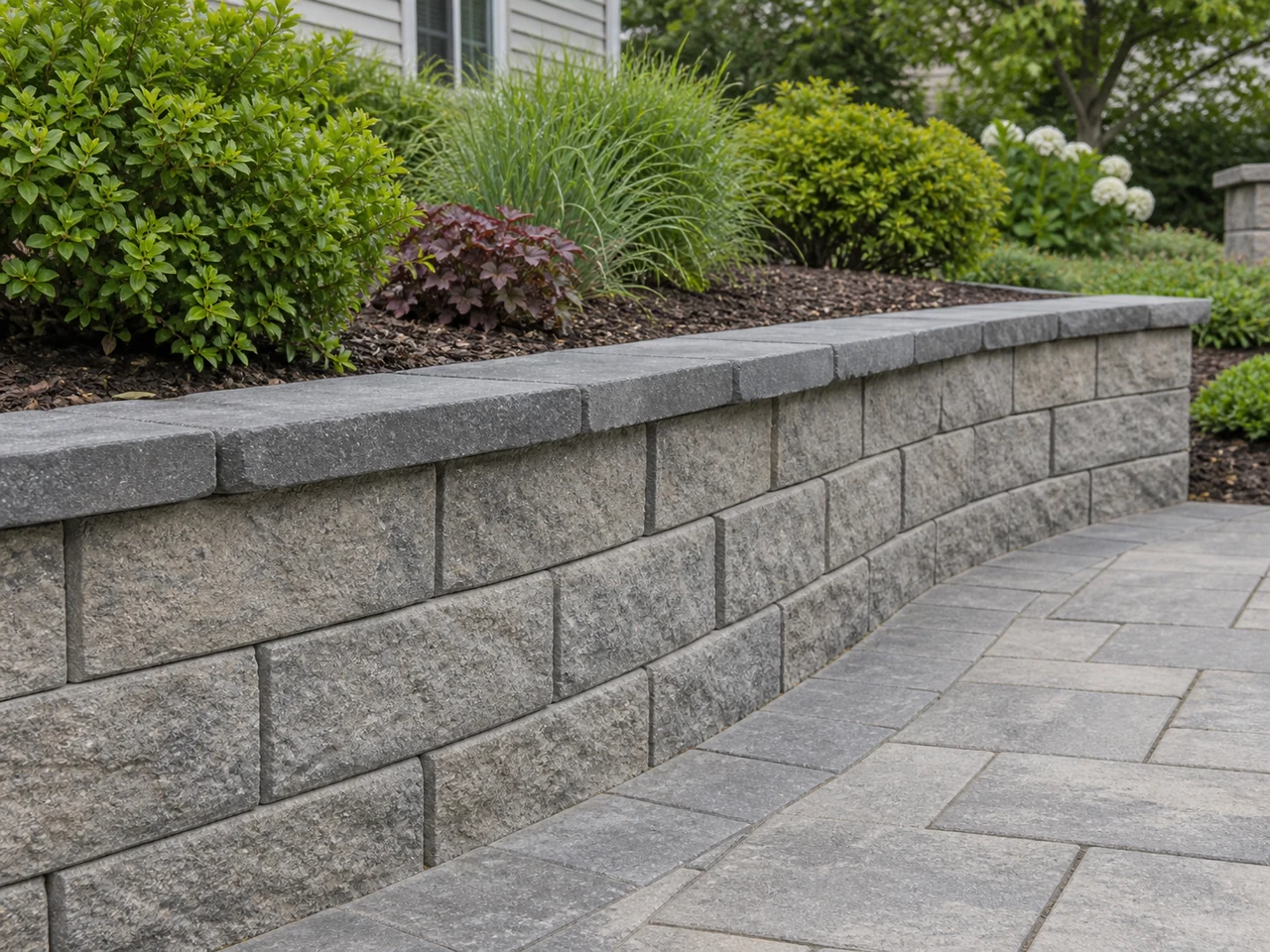 Capped gray concrete block retaining wall supporting a planted bed