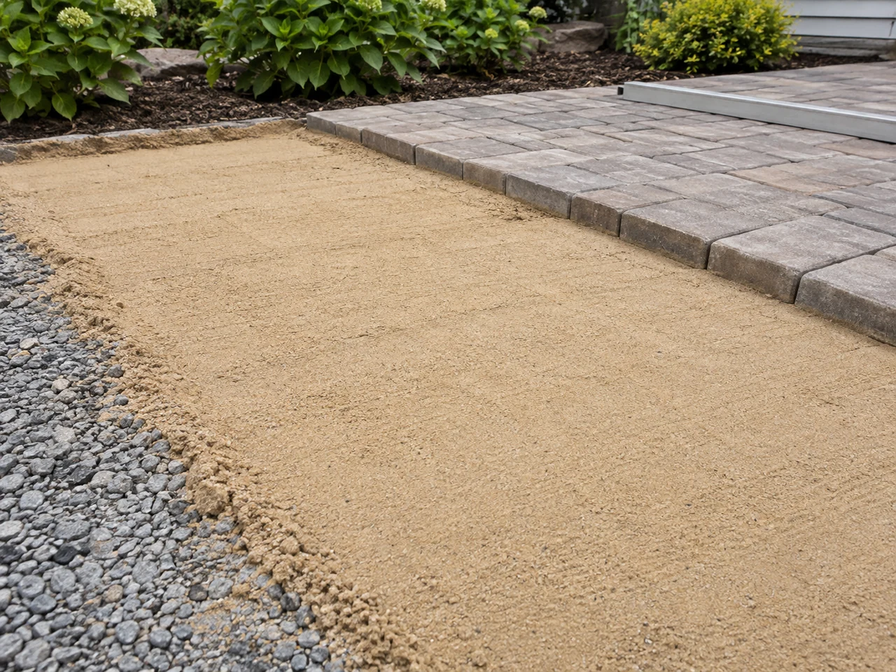 Prepared bedding sand and crushed aggregate beside partially laid patio pavers