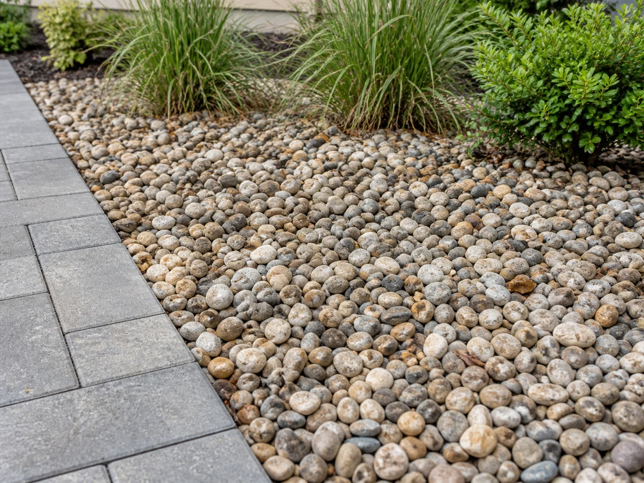 Naturally varied river stones beside a gray walkway and ornamental grasses