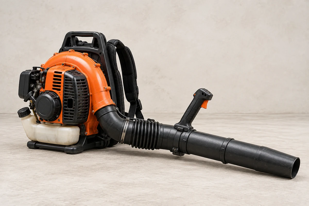 Orange backpack leaf blower with a connected black nozzle; illustrative equipment, not a confirmed rental model