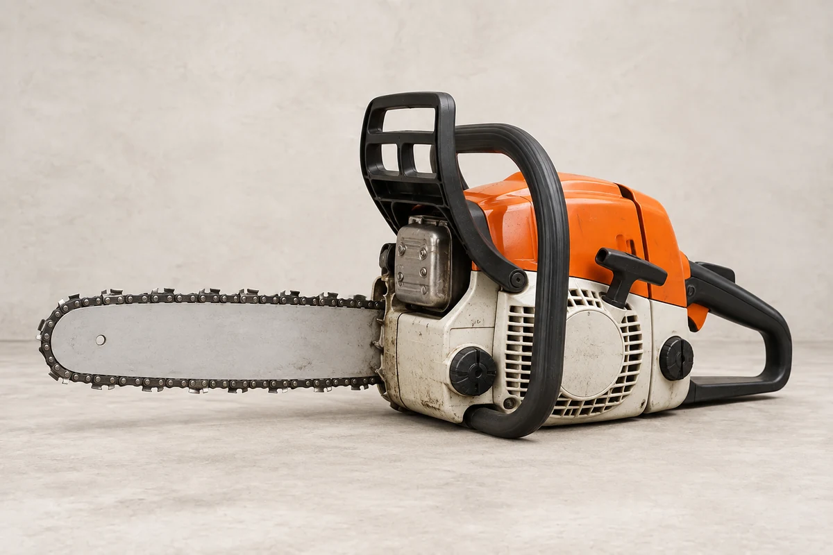 Orange and white gasoline chainsaw with a silver guide bar; illustrative equipment, not a confirmed rental model