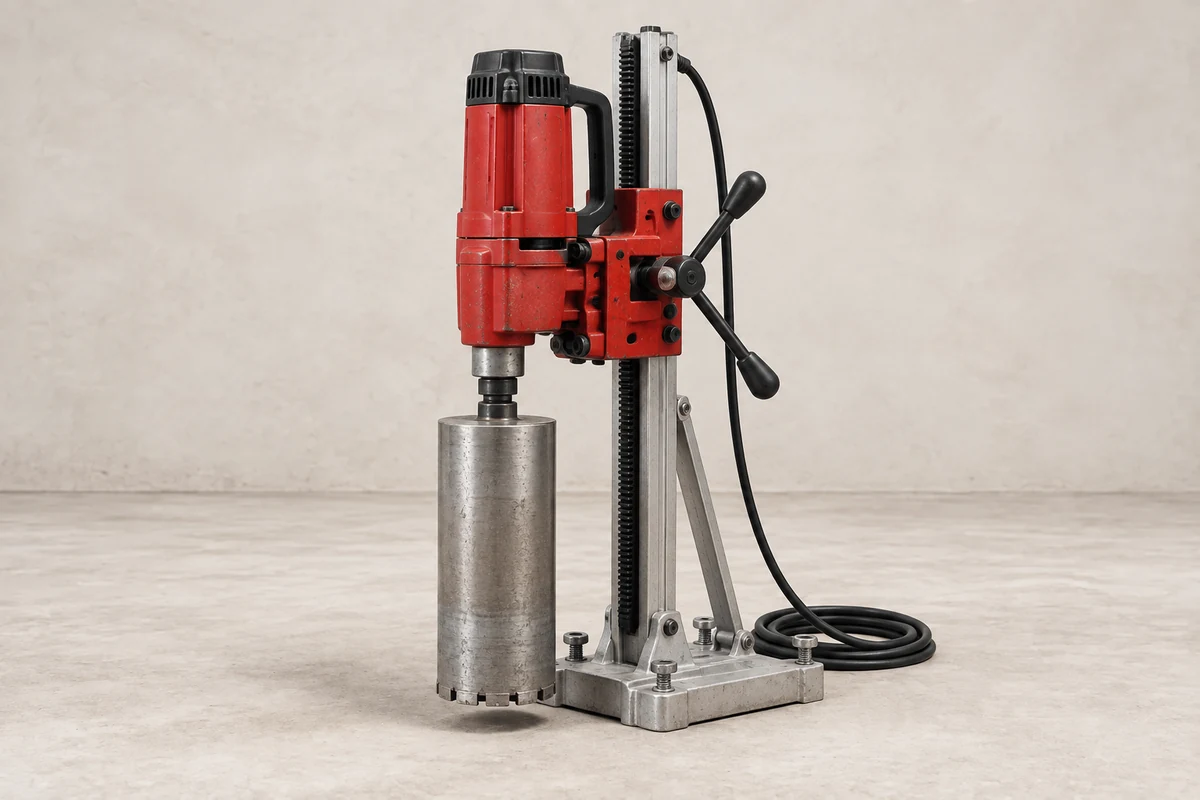 Red concrete core drill mounted on a silver vertical stand; illustrative equipment, not a confirmed rental model