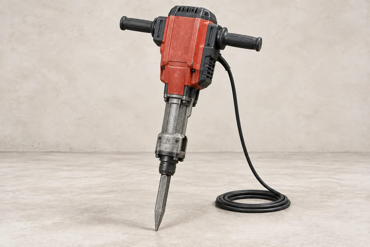 Red corded electric demolition breaker with pointed chisel; illustrative equipment, not a confirmed rental model