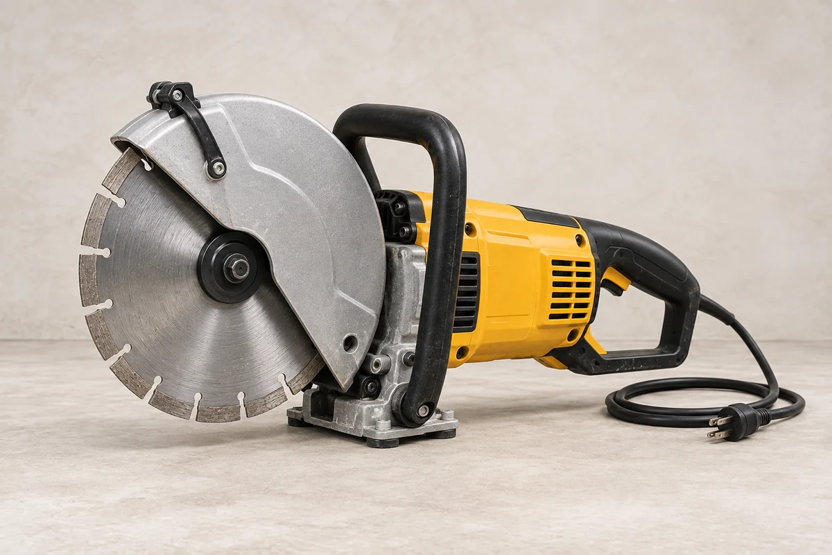 Yellow corded electric concrete cut-off saw with diamond blade; illustrative equipment, not a confirmed rental model