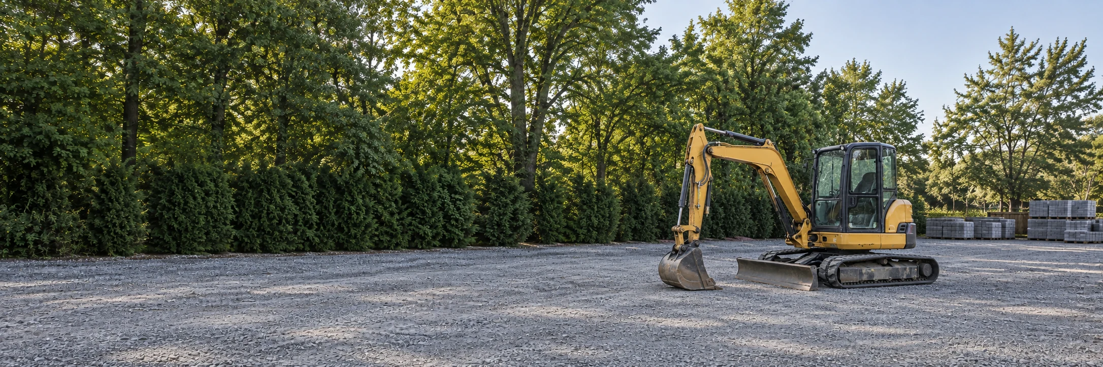 Representative compact excavator parked on gravel beside paving materials and mature trees