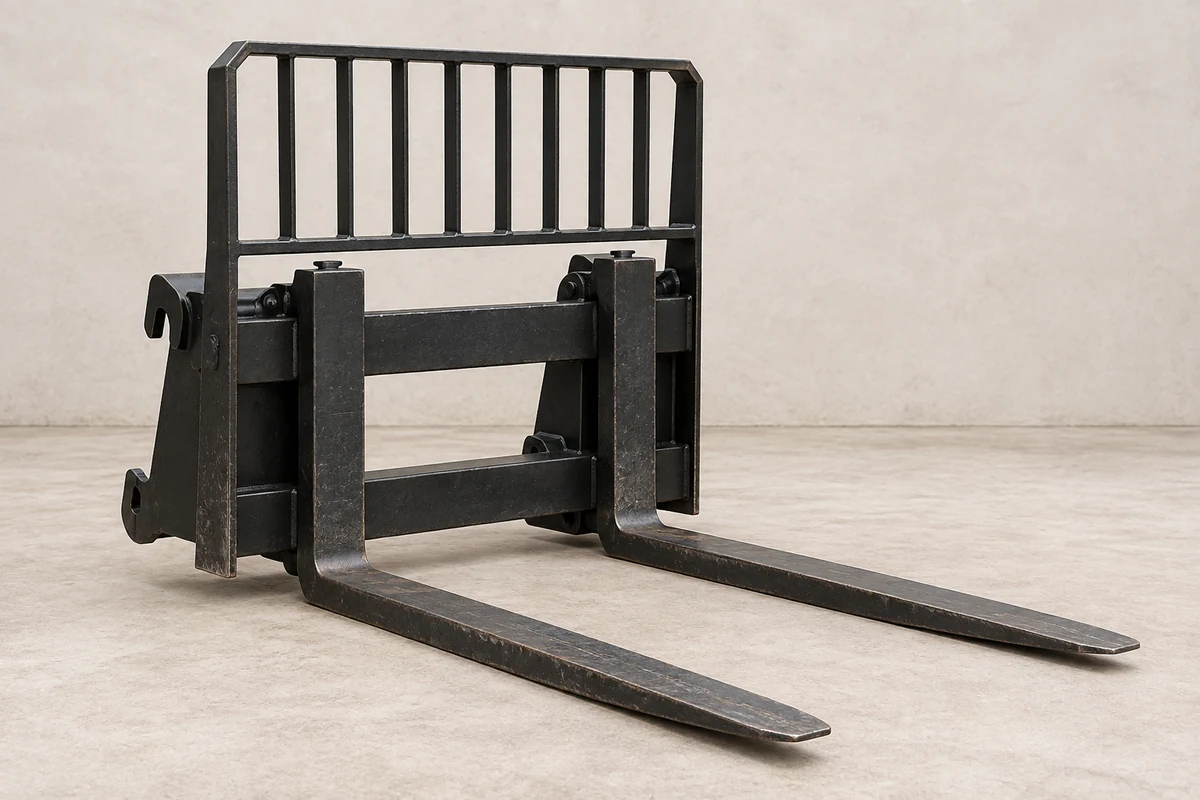 Black skid-steer pallet fork attachment with two steel tines; illustrative equipment, not a confirmed rental model