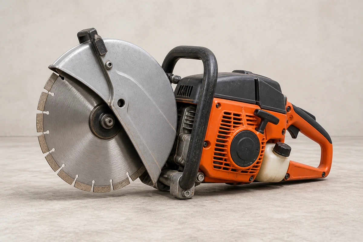 Orange gasoline concrete cut-off saw with diamond blade; illustrative equipment, not a confirmed rental model