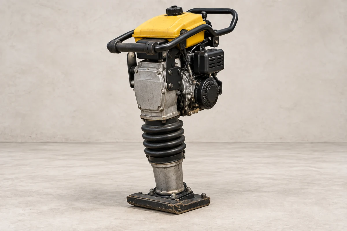 Yellow tamping rammer with bellows and a compact steel foot; illustrative equipment, not a confirmed rental model