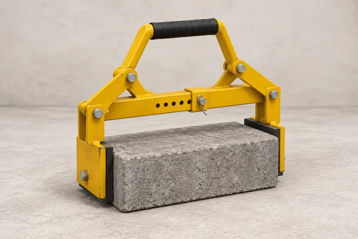 Yellow manual paver lifting clamp gripping a concrete block; illustrative equipment, not a confirmed rental model