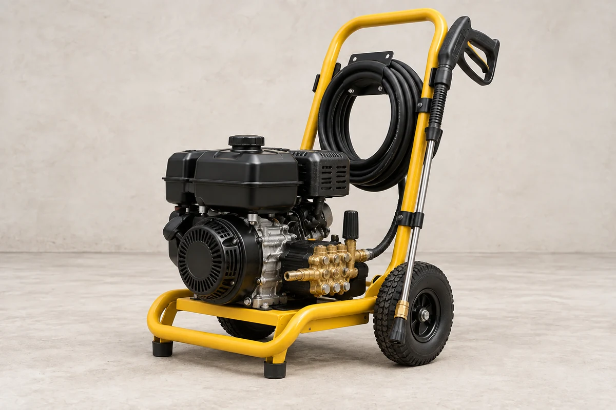 Gas pressure washer on a yellow wheeled frame with hose and wand; illustrative equipment, not a confirmed rental model