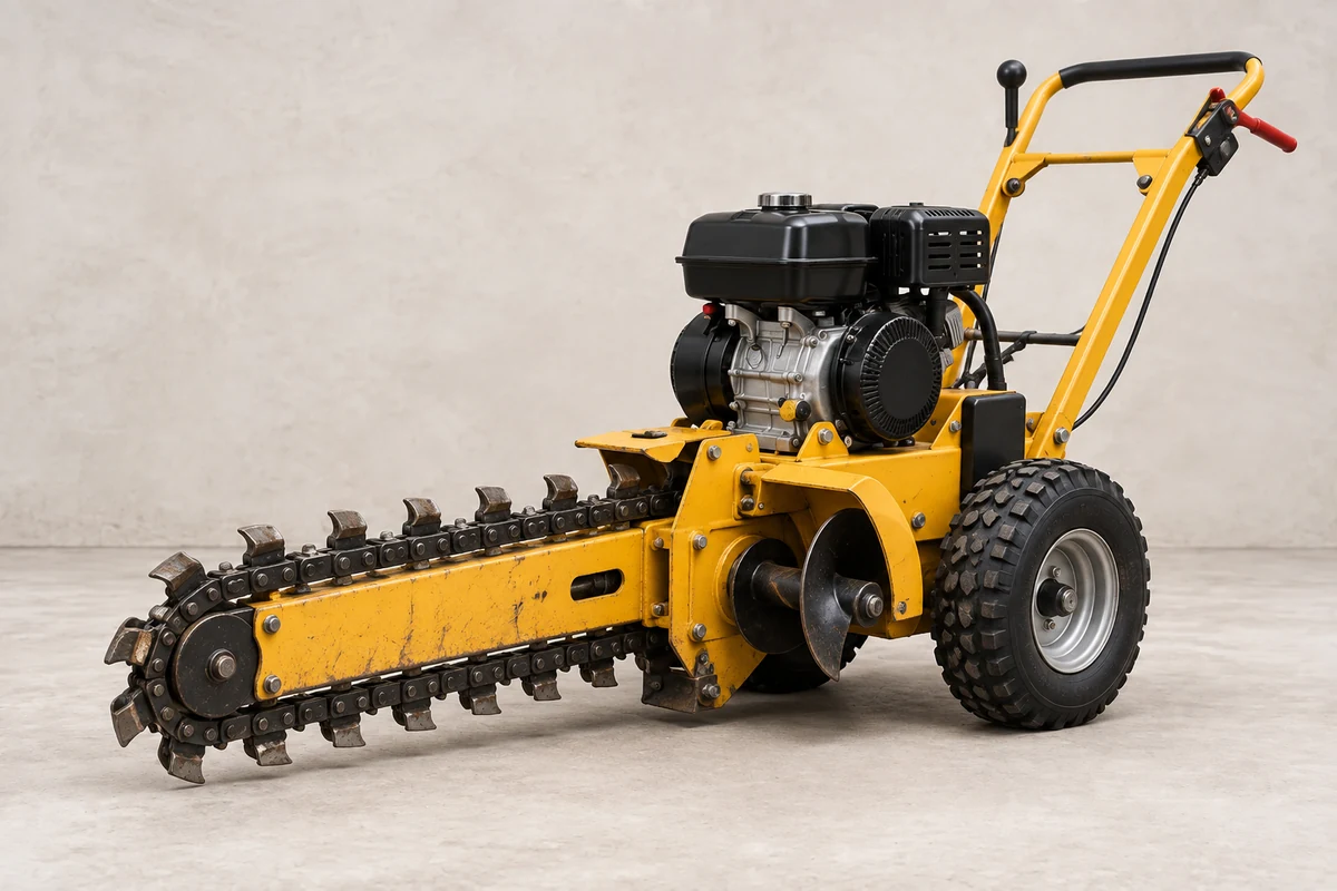 Yellow walk-behind trencher with toothed digging chain; illustrative equipment, not a confirmed rental model